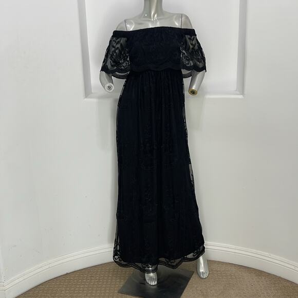 PinkBlush Off Shoulder Lace Overlay Maxi Black Dress Size S - Picture 2 of 16